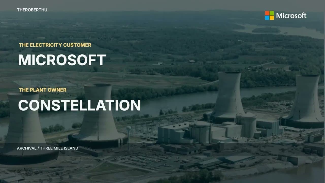 Frame from the video: archival aerial photograph of Three Mile Island labeled The electricity customer, Microsoft, and The plant owner, Constellation