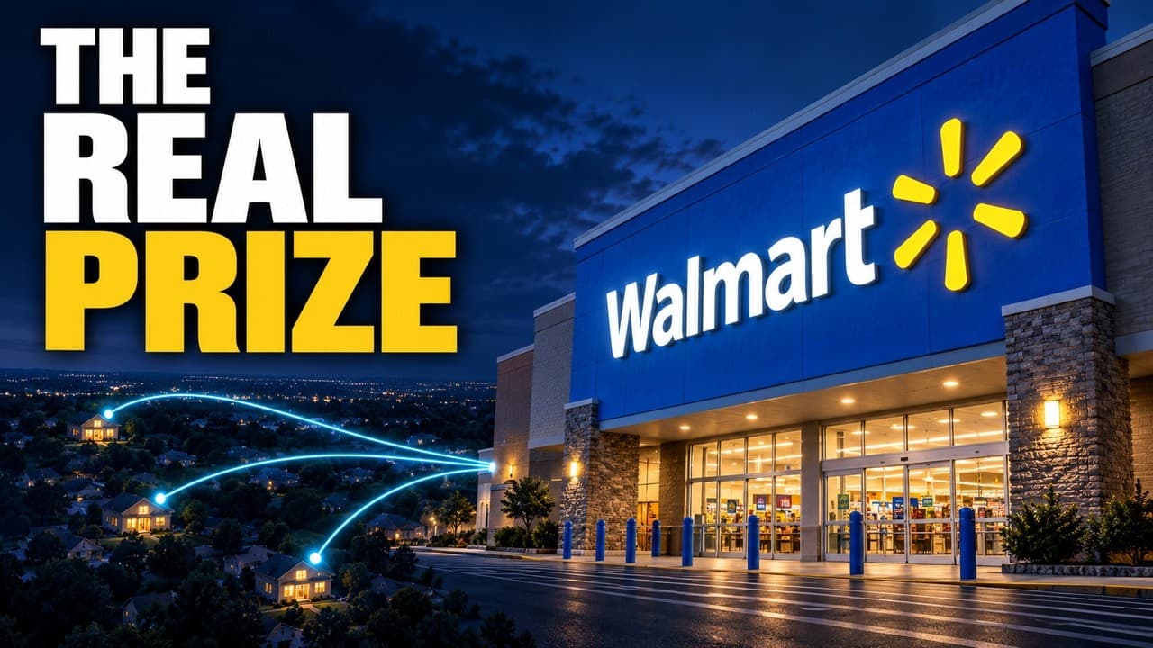 The Real Prize: documentary thumbnail showing a Walmart storefront at dusk with delivery routes radiating from the store