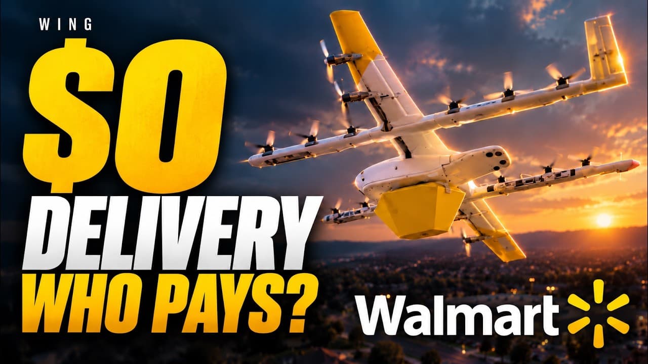 Video thumbnail: illustrative artwork of a delivery drone at sunset under the words $0 Delivery, Who Pays?