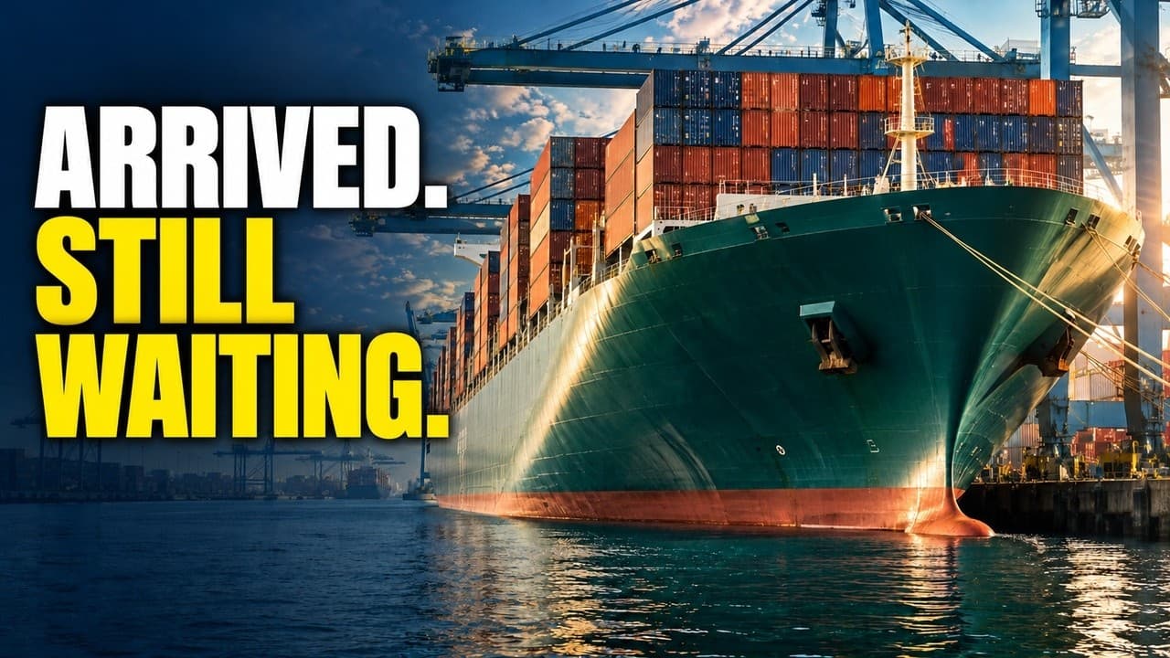Documentary thumbnail: a loaded container ship at port under the words Arrived. Still waiting.