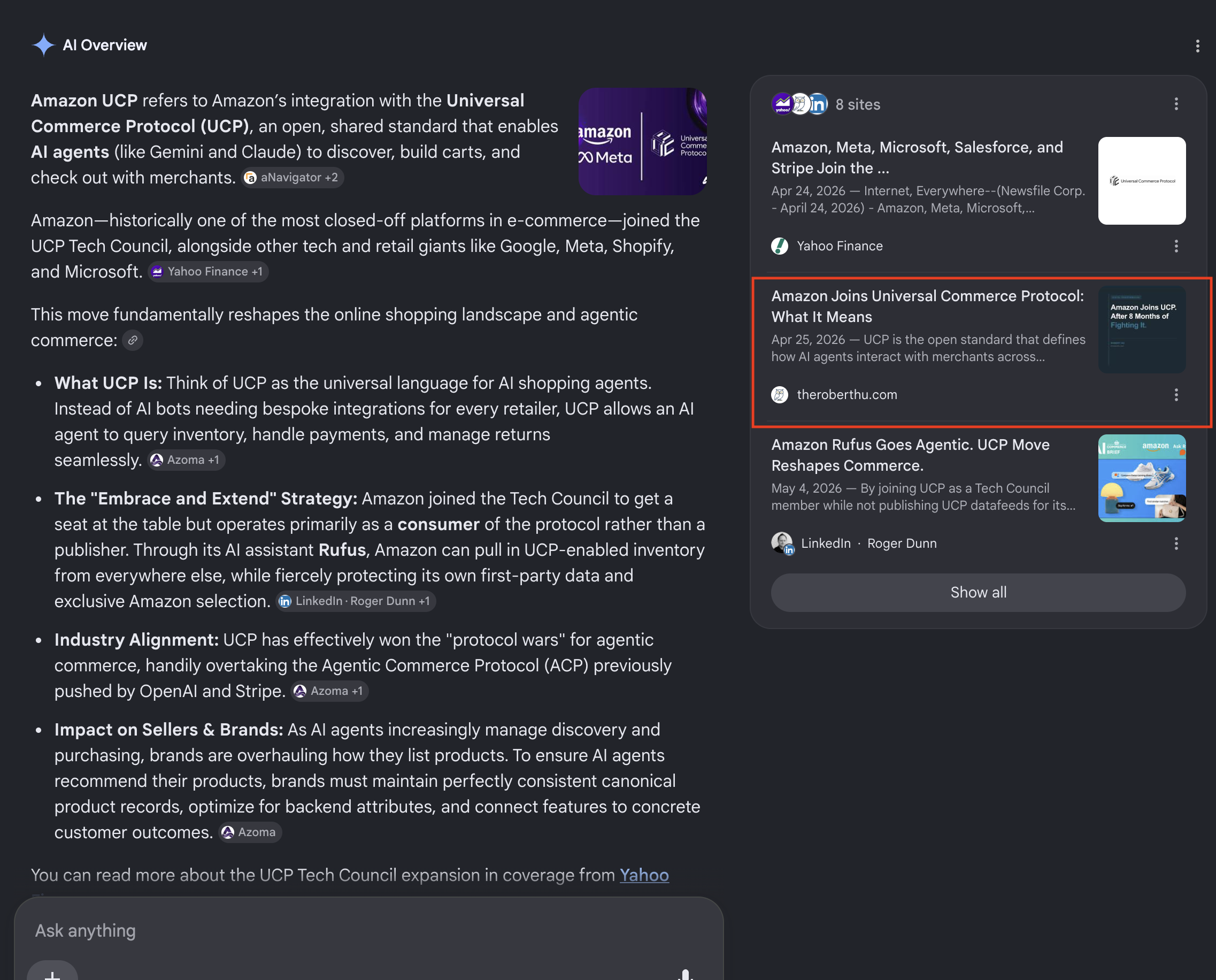 theroberthu.com cited as a source in a Google AI Overview for an Amazon UCP query.